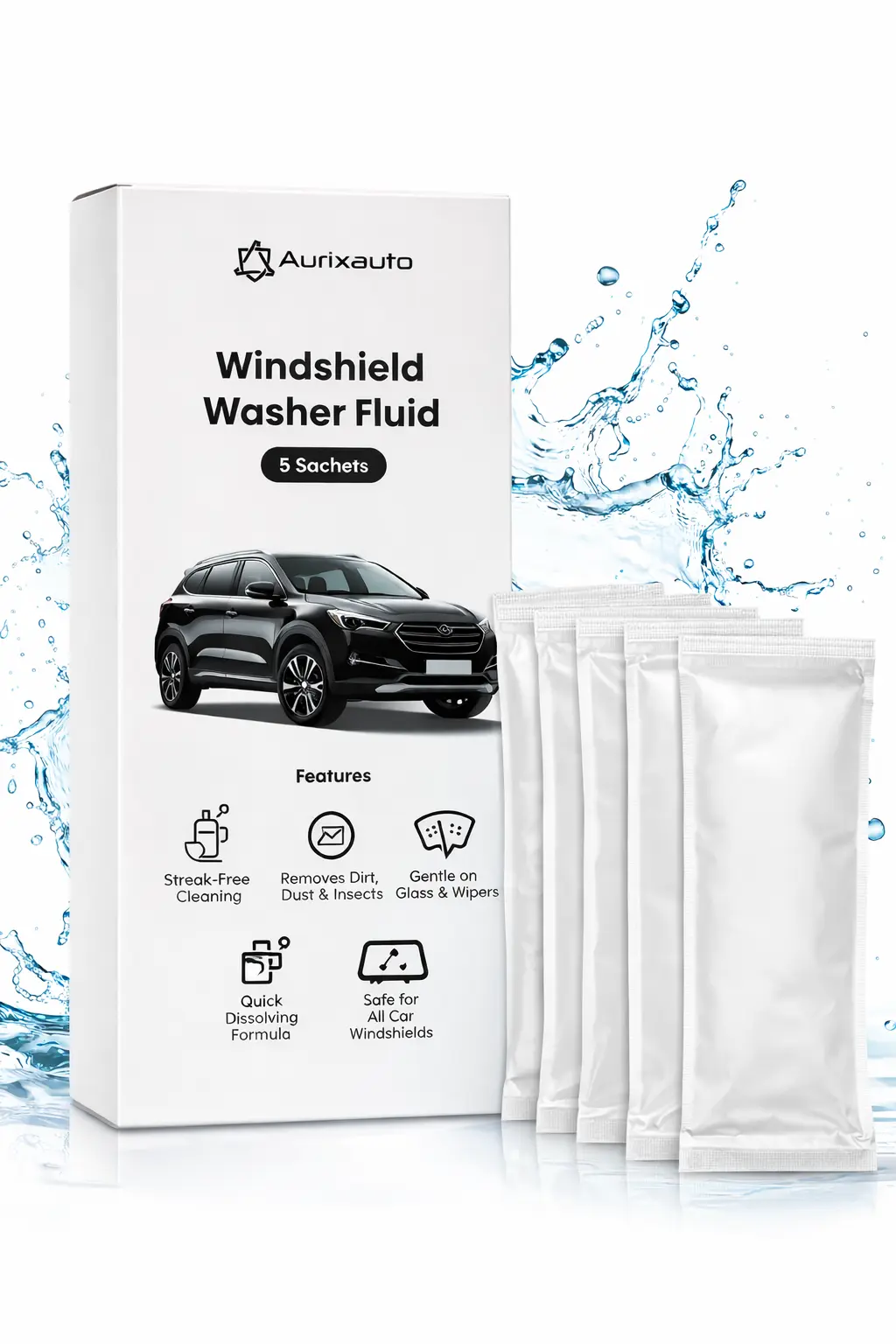 Windshield & Car Glass Cleaner Fluid | Box of 5 Pouches